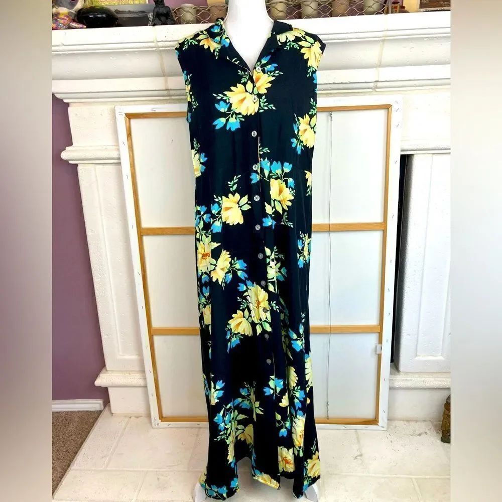 Maxi dress tropical floral print collared button down w/ extra button🌹